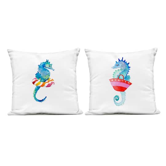 Stupell Industries 18" x 18" Blue Seahorses Beach Outdoor Print Throw Pillow Set